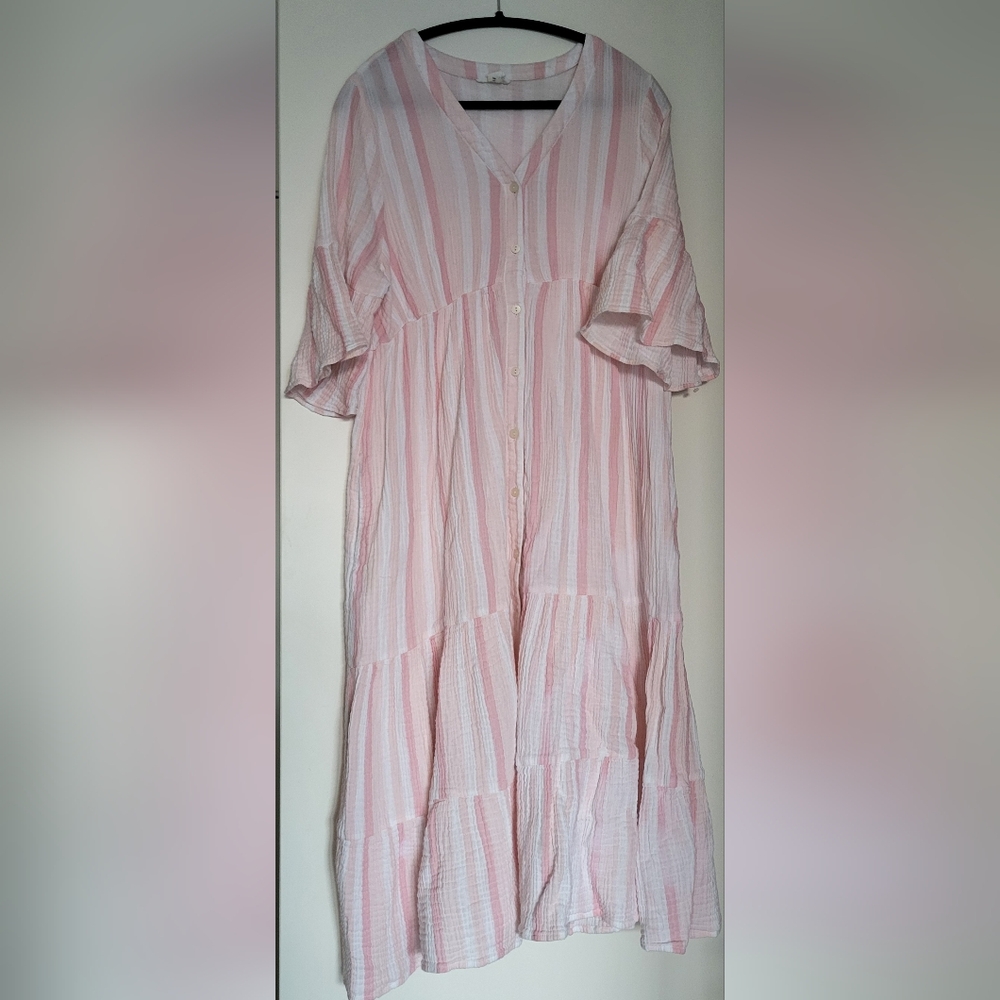 Caslon Cotton Bell 3/4 Sleeves V-Neck  Button-Up Midi Dress